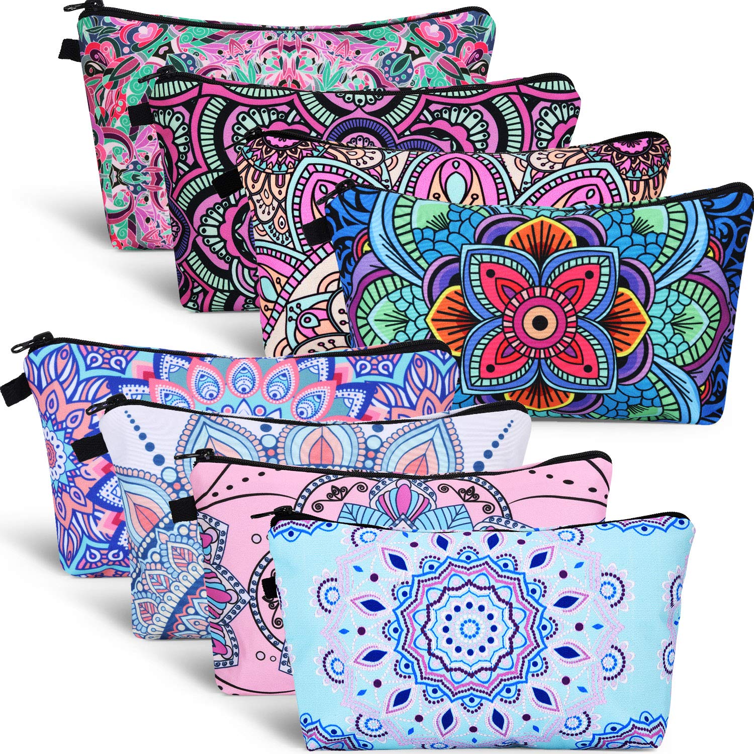 Boao 8 Pieces Cosmetic Bag Makeup Bag Waterproof Travel Toiletry Pouch Bag with Mandala Flowers Design, 8 Styles (Round Mandala Flowers)