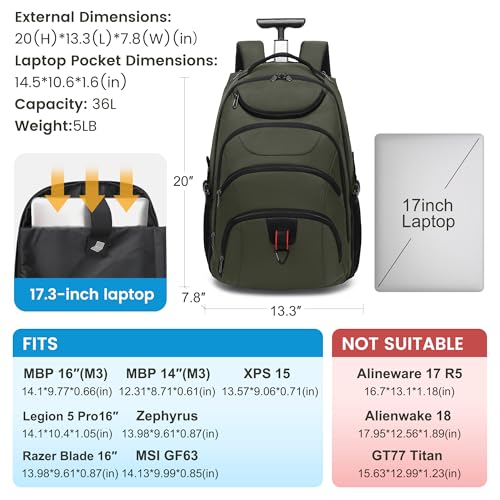 Boavan Rolling Backpack,17 inch Water Resistant Wheeled Backpack,Carry on Luggage Business Bag, Overnight College Computer bag Trolley Suitcase for Men Women Adults to Travel，Green