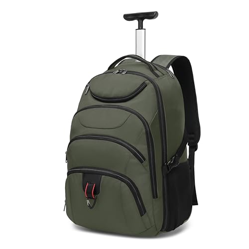 Boavan Rolling Backpack,17 inch Water Resistant Wheeled Backpack,Carry on Luggage Business Bag, Overnight College Computer bag Trolley Suitcase for Men Women Adults to Travel，Green