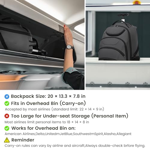 Boavan Rolling Backpack,17 inch Water Resistant Wheeled Backpack,Carry on Luggage Business Bag, Overnight College Computer bag Trolley Suitcase for Men Women Adults to Travel，Grey