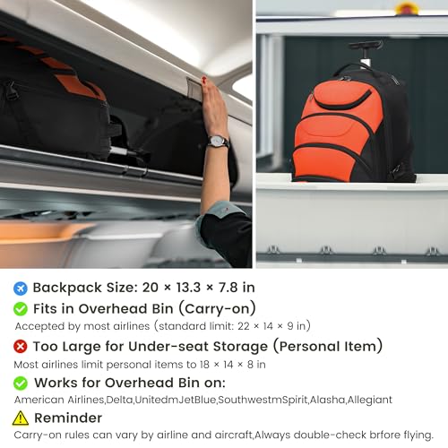 Boavan Rolling Backpack,17 inch Water Resistant Wheeled Backpack,Carry on Luggage Business Bag, Overnight College Computer bag Trolley Suitcase for Men Women Adults to Travel，Black&Orange