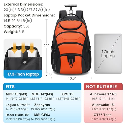 Boavan Rolling Backpack,17 inch Water Resistant Wheeled Backpack,Carry on Luggage Business Bag, Overnight College Computer bag Trolley Suitcase for Men Women Adults to Travel，Black&Orange