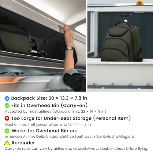 Boavan Rolling Backpack,17 inch Water Resistant Wheeled Backpack,Carry on Luggage Business Bag, Overnight College Computer bag Trolley Suitcase for Men Women Adults to Travel，Green