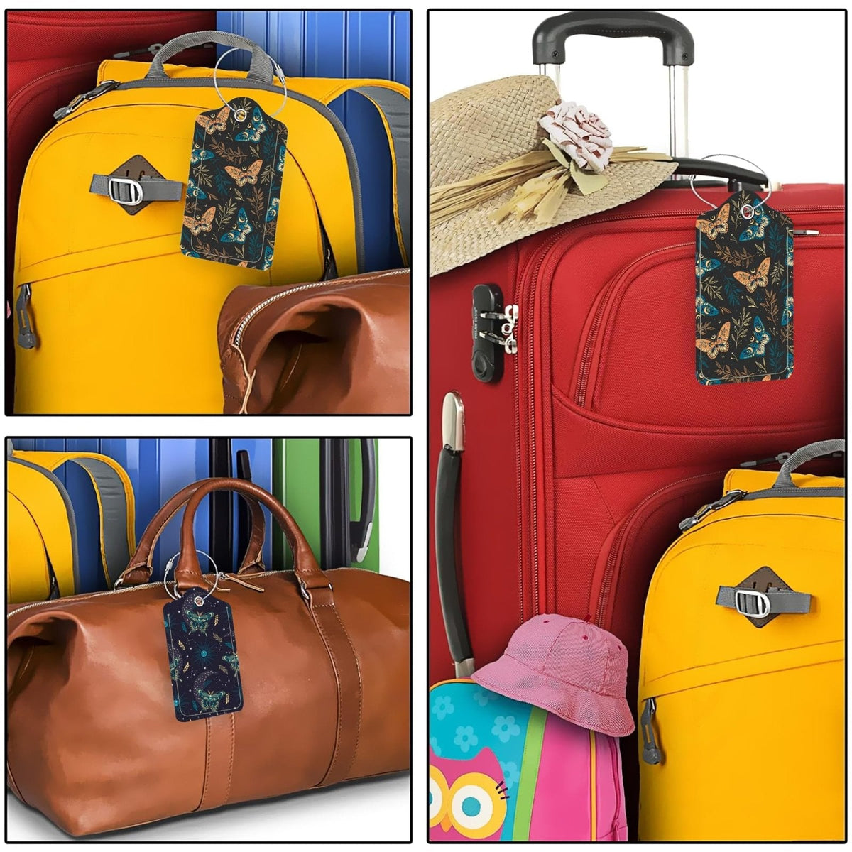 Boho Magic Space Elements Stars 2 Pack PU Leather Luggage Tags with Stainless Steel Loop, Funny Butterflies Travel Labels with Privacy Cover ID Label for Quick Spotting