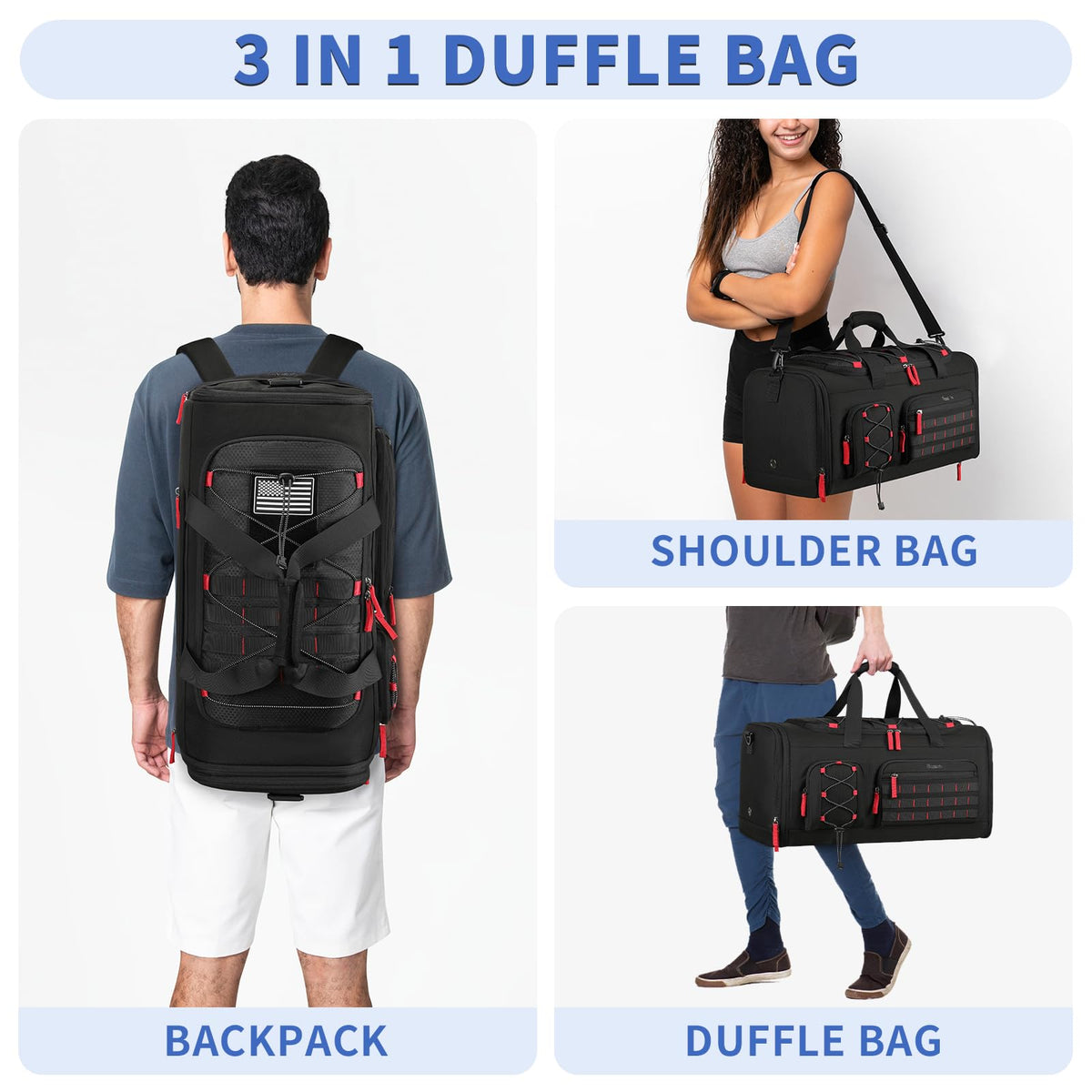 Bosstin Gym Bag for Men & Women, 45L Travel Duffle Sports Duffel Bag Gym Weekender Overnight Backpack with Shoe Compartment (Black)