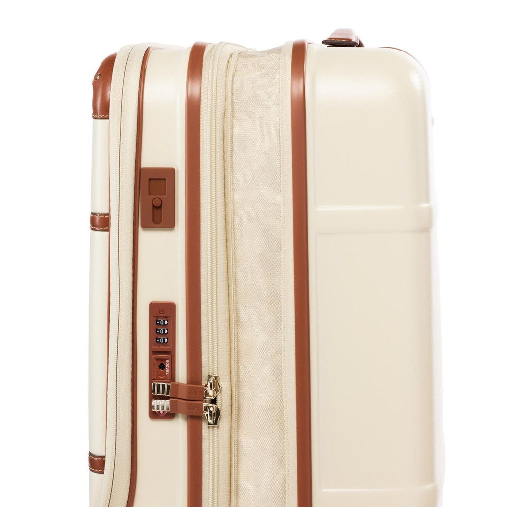 Bric's Bellagio 3.0 Spinner Trunk - Luxury Hardshell Carry On Luggage with Large Wheels, Telescopic Handle, Leather Detailing - Expandable Rolling Suitcase - 21" With Pocket, Cream
