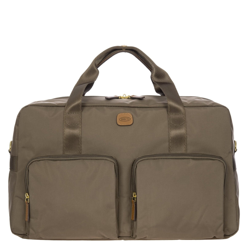 Bric’s X-Bag 18-Inch Cargo Carry-On Duffle, Water-Resistant Satin Nylon Travel Bag with Leather Handles, Laptop Sleeve, Front Zip Pockets and Luggage Pass-Through - Nut