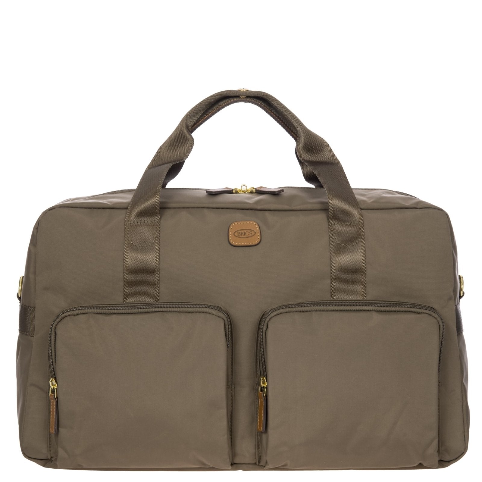 Bric’s X-Bag 18-Inch Cargo Carry-On Duffle, Water-Resistant Satin Nylon Travel Bag with Leather Handles, Laptop Sleeve, Front Zip Pockets and Luggage Pass-Through - Nut