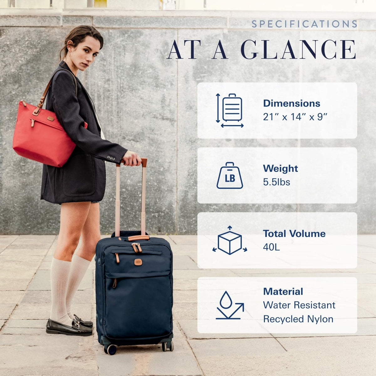 Bric's X - Travel 21” Carry - On Spinner – Luxury Softside Luggage with 360° Wheels, Recycled Water - Resistant Fabric, Interior Pockets, and Leather Details – Navy