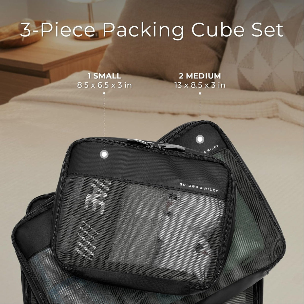Briggs & Riley Essential 22" Carry On Expandable Spinner & Compression Packing Cube Set - Luggage for Travel, Suitcase with Wheels, for Men & Women, 3 - Piece Bag Organizers - Black