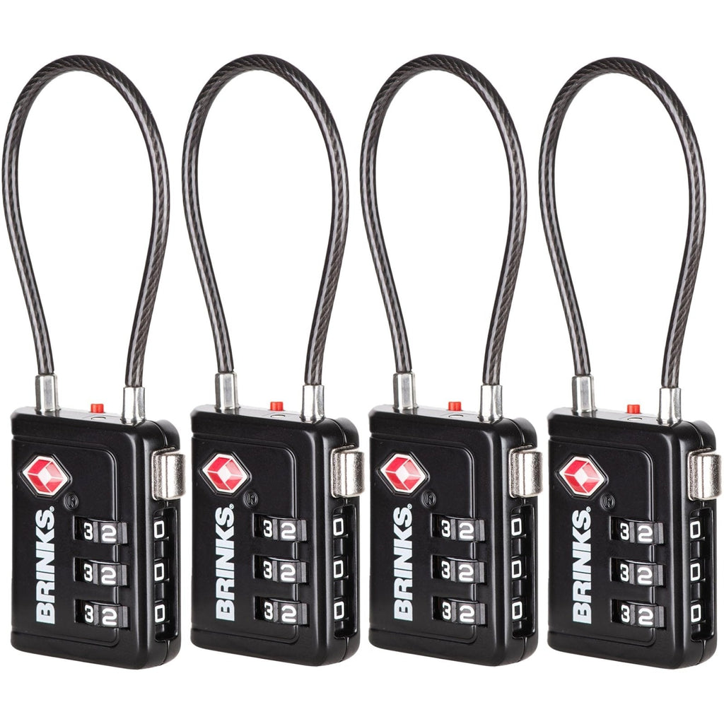 Brinks TSA Accepted Indicator Luggage Lock, Black - Resettable 3-Dial Combination, 2.5 inch Long Cable Shackle, New More Secure TSA008 Key, 4 Pack