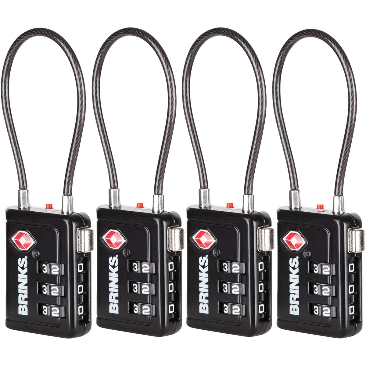 Brinks TSA Accepted Indicator Luggage Lock, Black - Resettable 3-Dial Combination, 2.5 inch Long Cable Shackle, New More Secure TSA008 Key, 4 Pack