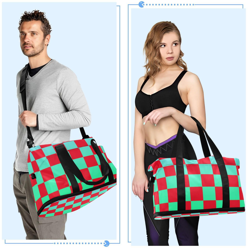 Buffalo Plaid Check Red Green Gradient Luggage Travel Bag Travel Weekender Gear Bag with Adjustable Strap for Trekking Large Capacity