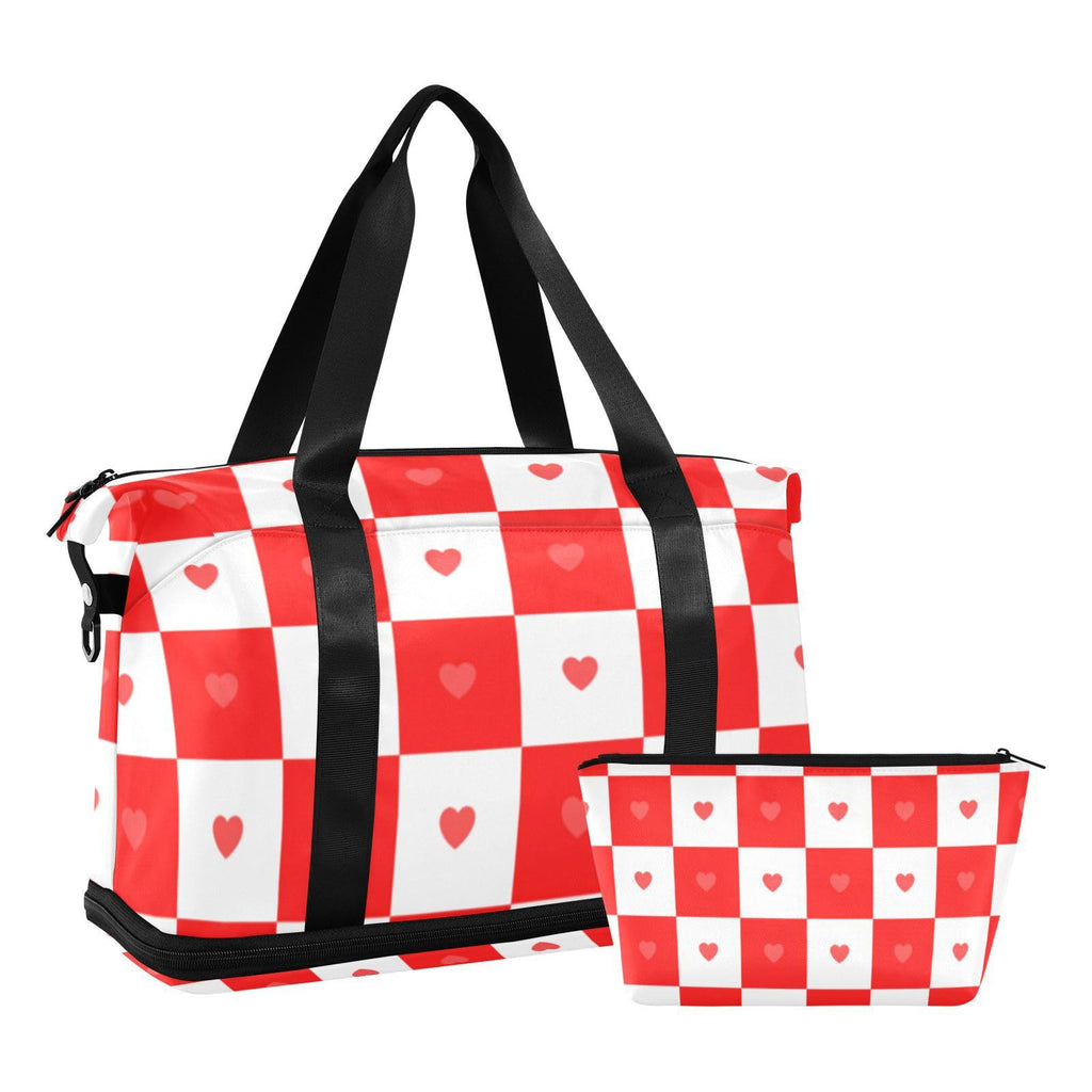 Buffalo Plaid Check Red White Heart Travel Duffel Bags Travel Weekender Gear Bag with Toiletry Bag for Trip Foldable