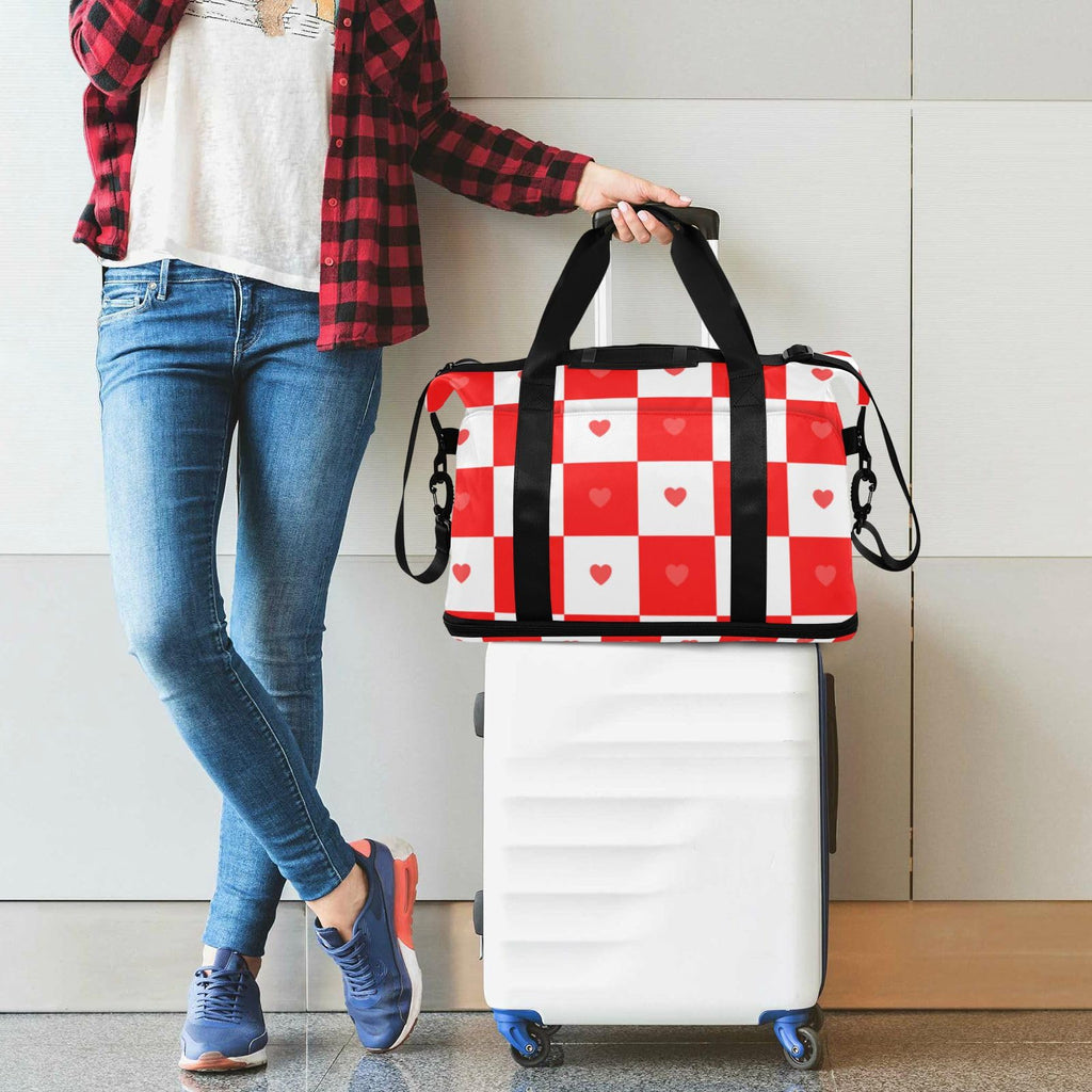 Buffalo Plaid Check Red White Heart Travel Duffel Bags Travel Weekender Gear Bag with Toiletry Bag for Trip Foldable