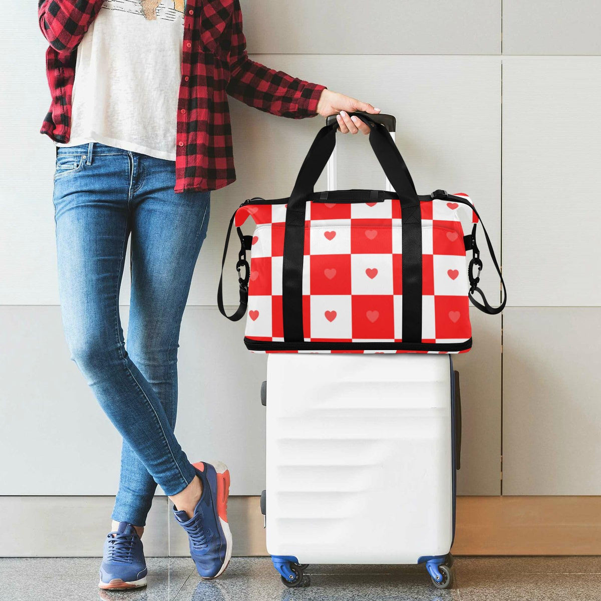 Buffalo Plaid Check Red White Heart Travel Duffel Bags Travel Weekender Gear Bag with Toiletry Bag for Trip Foldable
