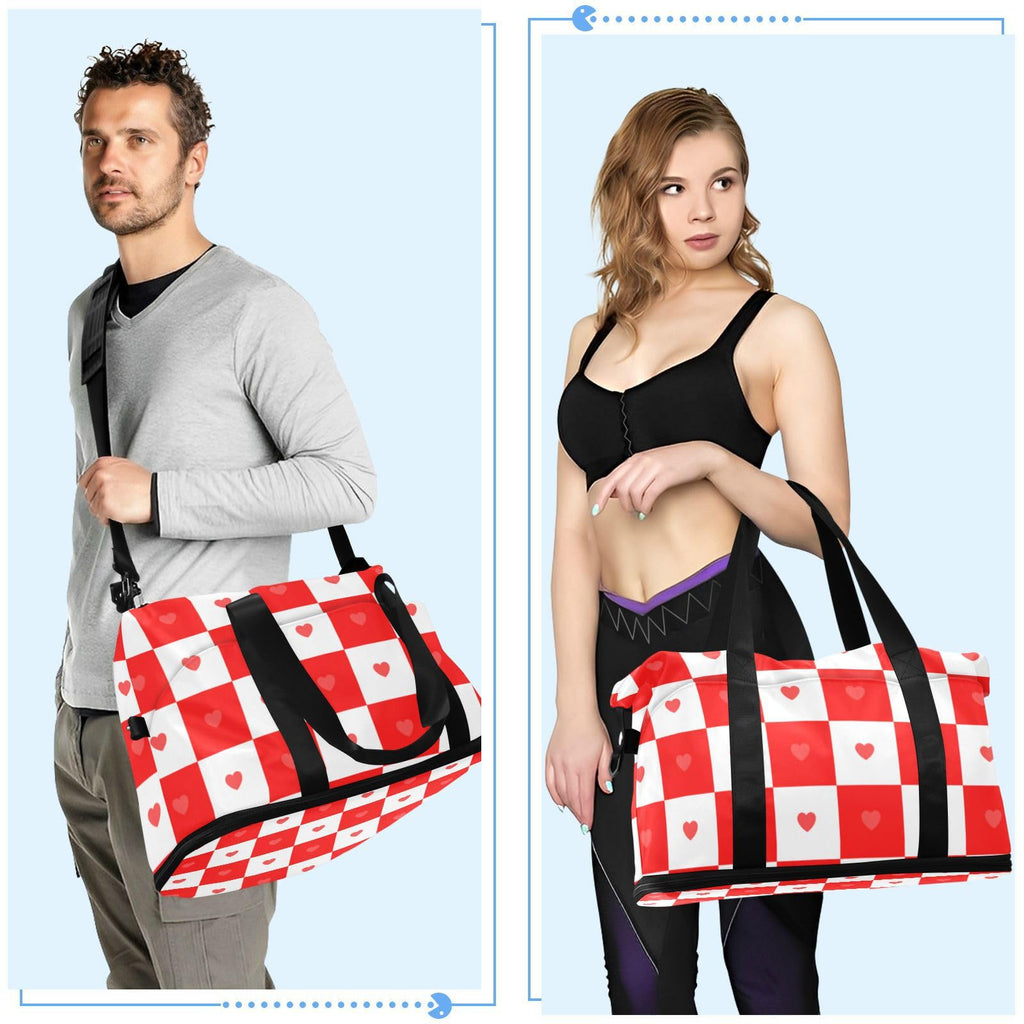 Buffalo Plaid Check Red White Heart Travel Duffel Bags Travel Weekender Gear Bag with Toiletry Bag for Trip Foldable
