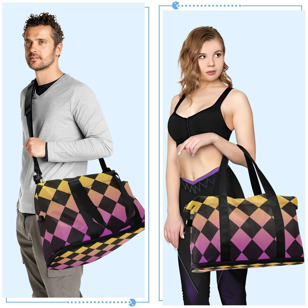 Buffalo Plaid Yellow Purple Black Gradient Oversized Travel Duffel Bag Travel Weekender Gear Bag with Toiletry Bag for Yoga Large Capacity