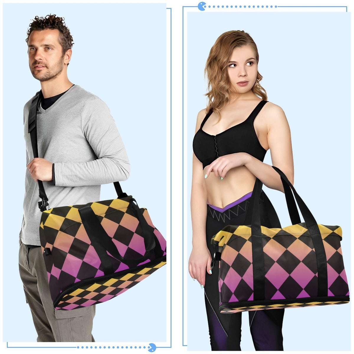 Buffalo Plaid Yellow Purple Black Gradient Oversized Travel Duffel Bag Travel Weekender Gear Bag with Toiletry Bag for Yoga Large Capacity
