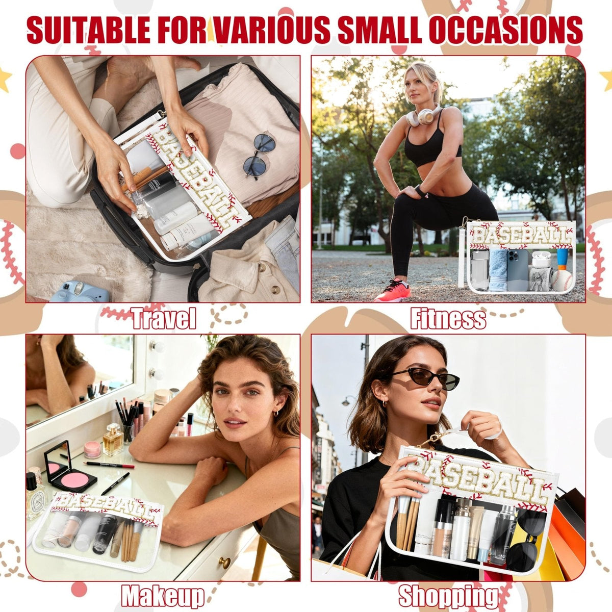 BuyCard Baseball Gifts Makeup Bag with Chenille Letter Patch, Clear Cosmetic Pouch PVC Organizer Purse, Waterproof Travel Bag, Portable Toiletry Storage Bag for Her Friends
