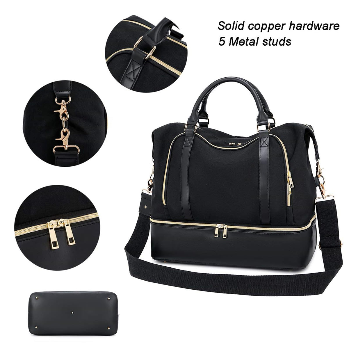 CAMTOP Women Ladies Travel Weekender Bag Overnight Duffel Carry - on Tote Bag with Luggage Sleeve fit 15.6 Inch Laptop Computer (Black with Shoe Compartment)
