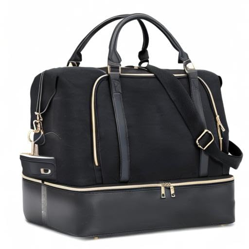 CAMTOP Women Ladies Travel Weekender Bag Overnight Duffel Carry - on Tote Bag with Luggage Sleeve fit 15.6 Inch Laptop Computer (Black with Shoe Compartment)