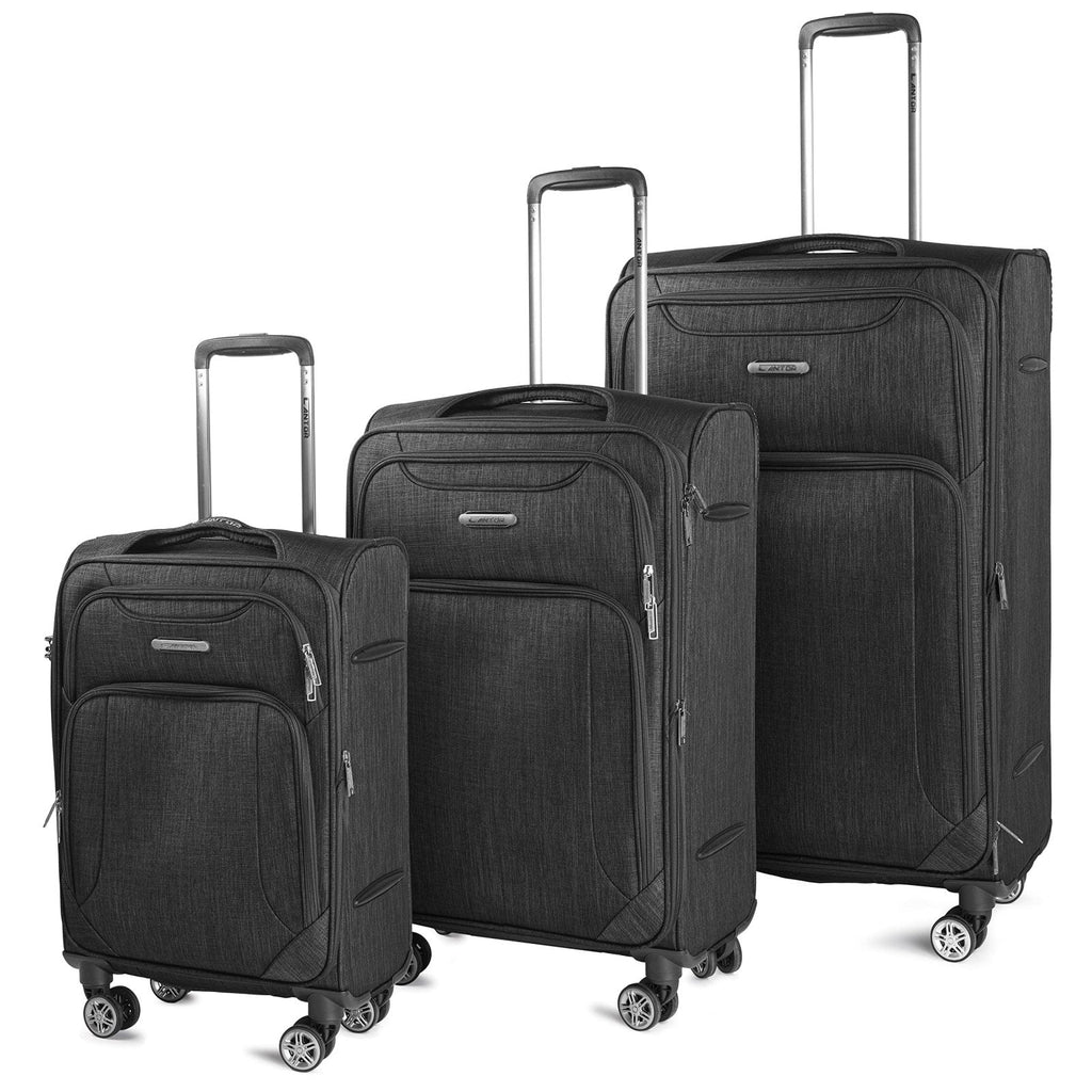 Cantor Ultra Lightweight Softside Luggage with Spinner Wheels, Set of 3, Expandable Suitcase with Retractable Handle and ID Tag, and Interlocking Zippers with TSA Lock (Black)