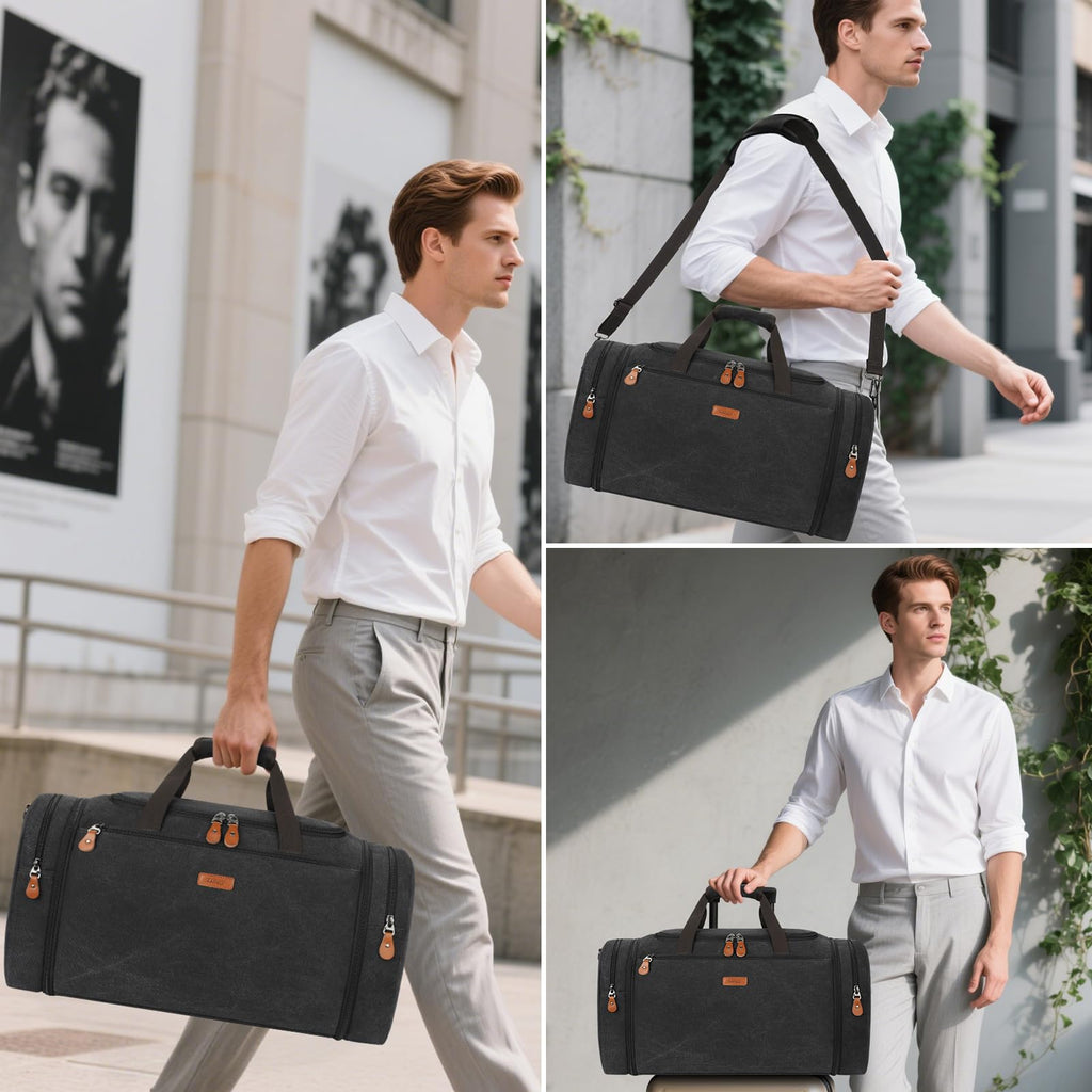 Canvas Mens Duffle Bag for Travel - Expandable 50L Weekender Bags with Toiletry Bag, Overnight Bag Travel Duffel Carry On Luggage with Removable Shoulder Strap, Durable & Water - Resistant