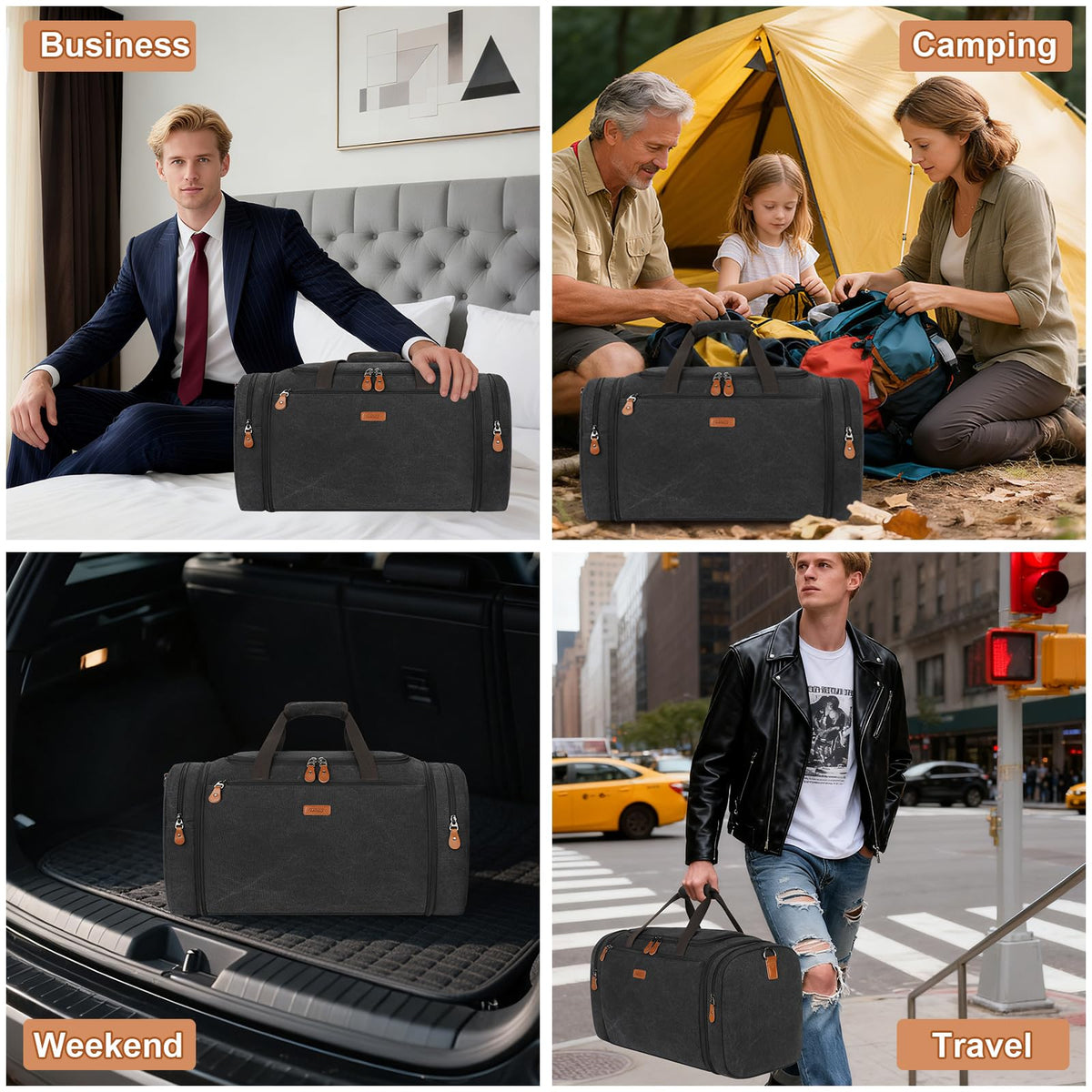 Canvas Mens Duffle Bag for Travel - Expandable 50L Weekender Bags with Toiletry Bag, Overnight Bag Travel Duffel Carry On Luggage with Removable Shoulder Strap, Durable & Water - Resistant