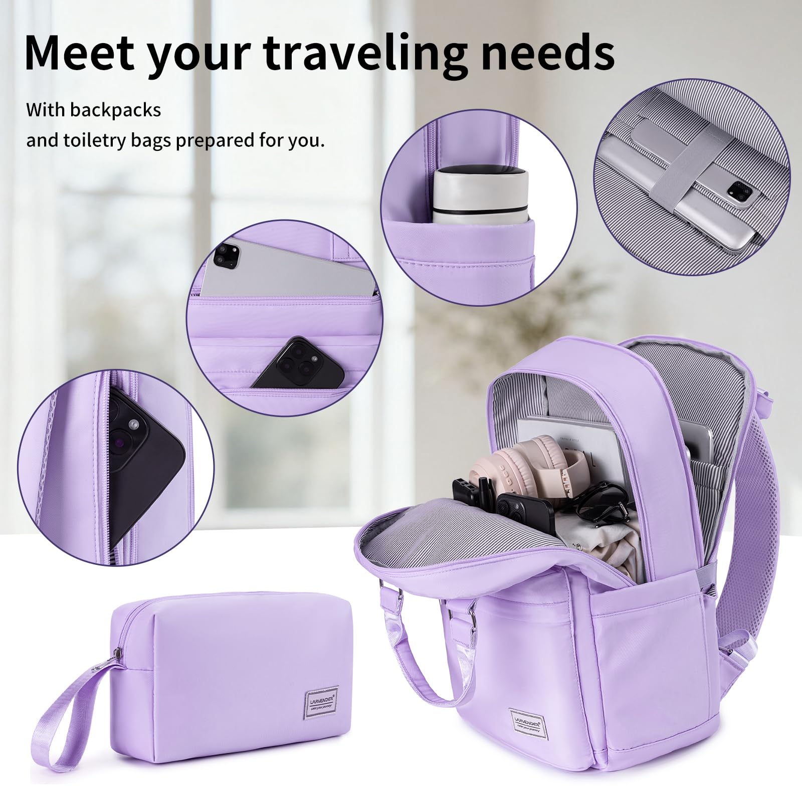 Carry On Luggage Set 22x14x9 Airline Approved, Expandable 20 Inch Carry - On Suitcases With Wheels, Lightweight Luggage Sets 3 Pieces With Backpack, Lavender