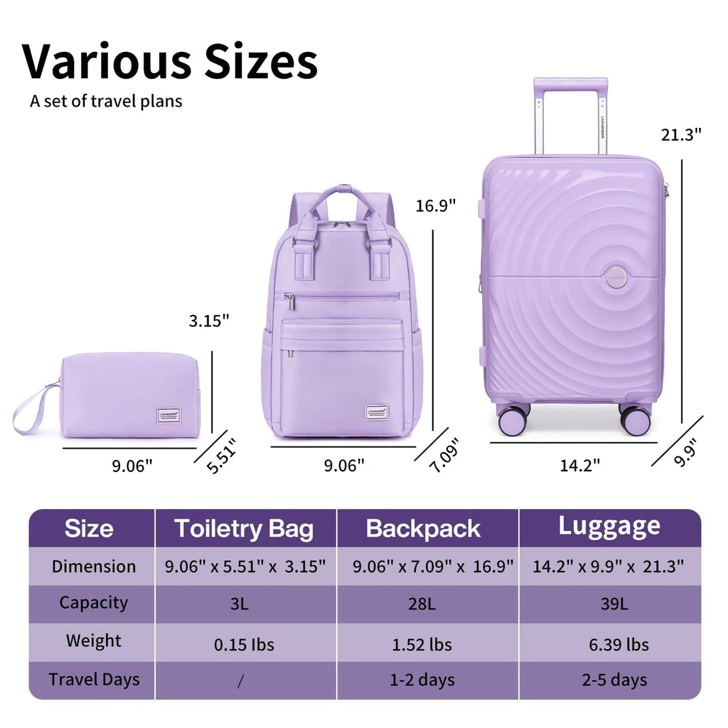 Carry On Luggage Set 22x14x9 Airline Approved, Expandable 20 Inch Carry - On Suitcases With Wheels, Lightweight Luggage Sets 3 Pieces With Backpack, Lavender