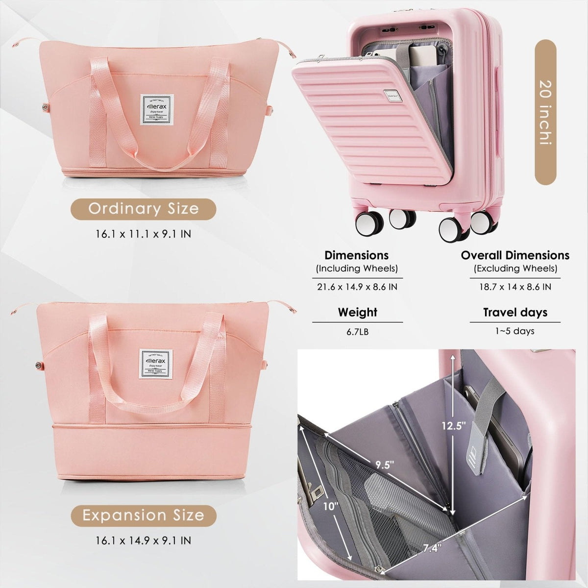 Carry - On Luggage with Cup Holder and USB Port with Cosmetic Carry On Bag and TSA