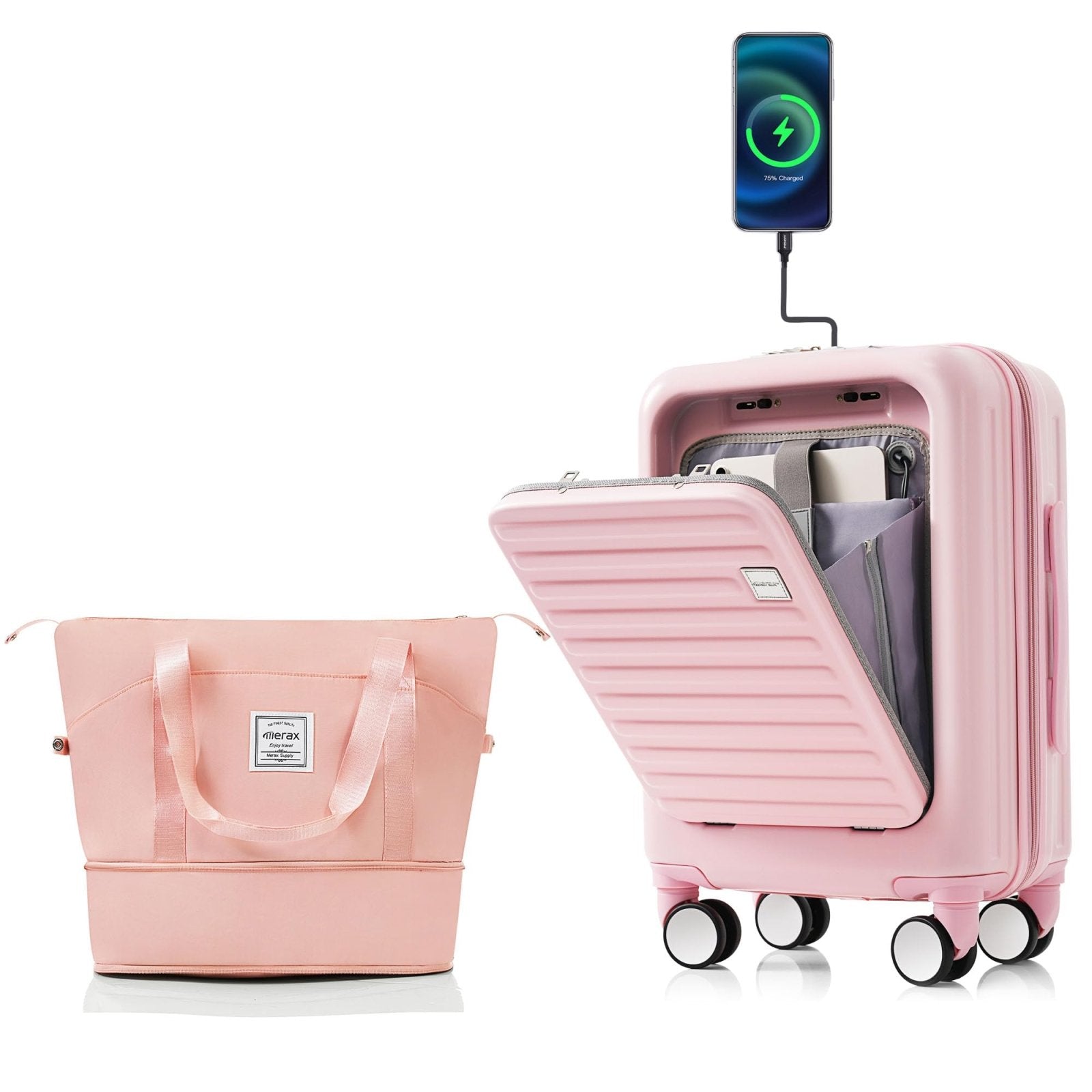 Carry-On Luggage with Cup Holder and USB Port with Cosmetic Carry On Bag and TSA