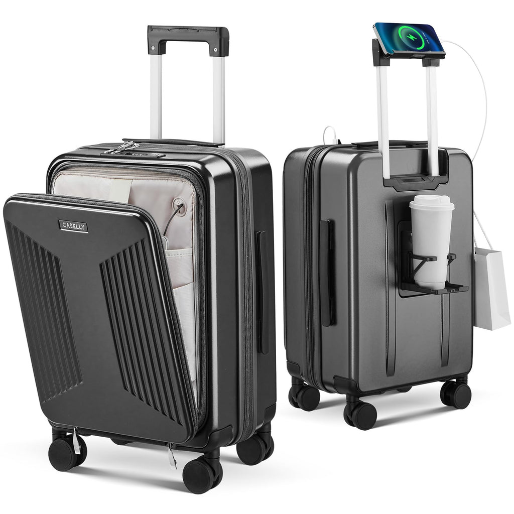 CASELLY Carry on Luggage Top opening Suitcases, Expandable with Cup Holder and USB Charging Port,Lightweight with Front Pocket Rolling Suitcases with Spinner Wheels