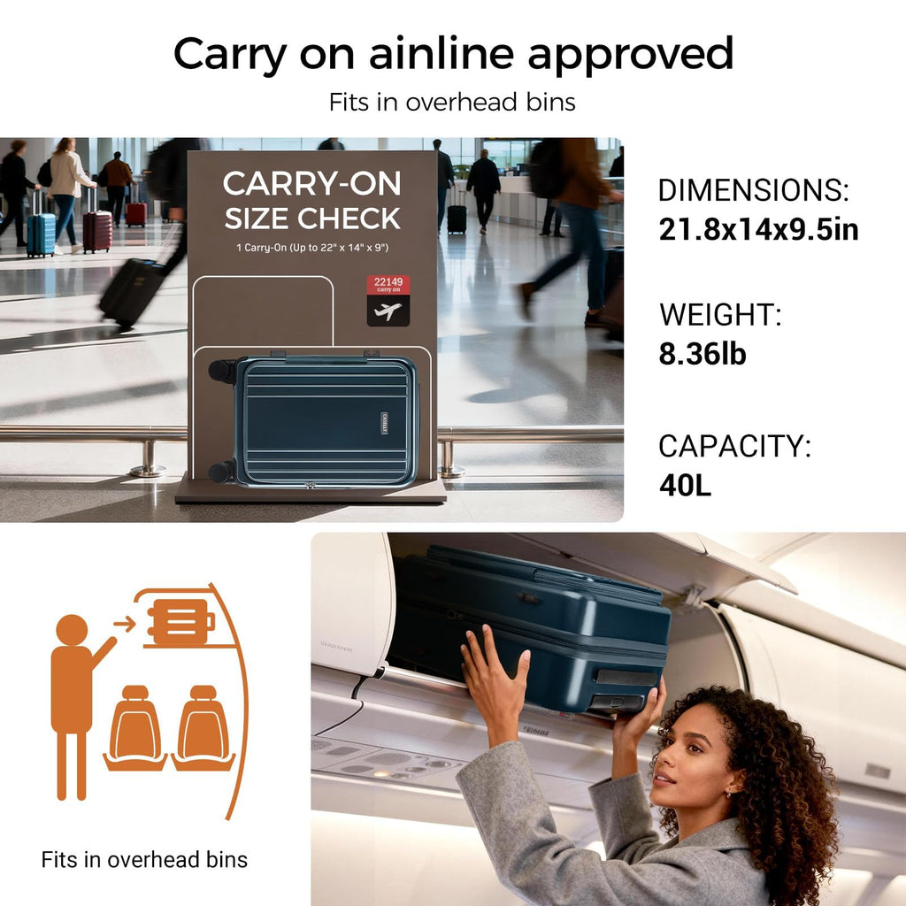 CASELLY Carry On Luggage Top Opening with Cup Holder & Phone Holder, Expandable PC Hard Shell Suitcase, USB Charging Port, Side Hook, 360° Spinner Wheels, TSA Lock & YKK Zippers for Women Man Gifts