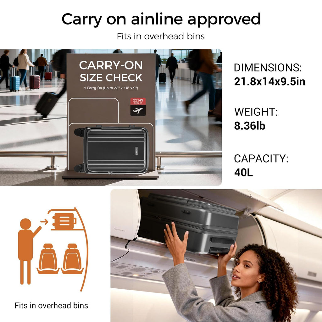 CASELLY Carry On Luggage Top Opening with Cup Holder & Phone Holder, Expandable PC Hard Shell Suitcase, USB Charging Port, Side Hook, 360° Spinner Wheels, TSA Lock & YKK Zippers for Women Man Gifts