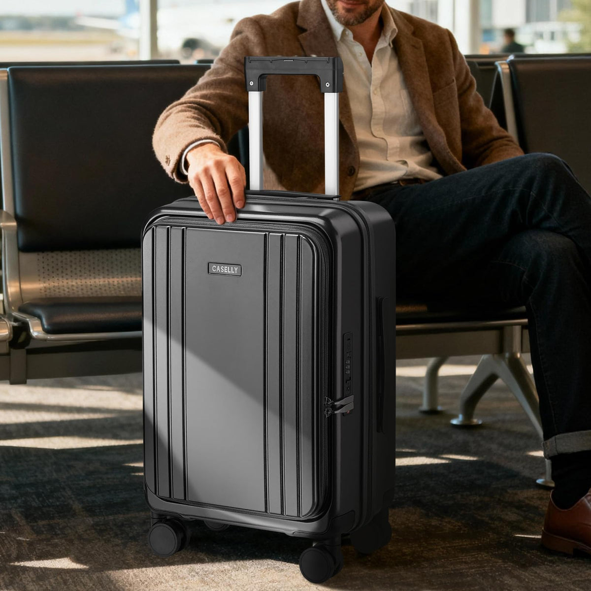 CASELLY Carry On Luggage Top Opening with Cup Holder & Phone Holder, Expandable PC Hard Shell Suitcase, USB Charging Port, Side Hook, 360° Spinner Wheels, TSA Lock & YKK Zippers for Women Man Gifts