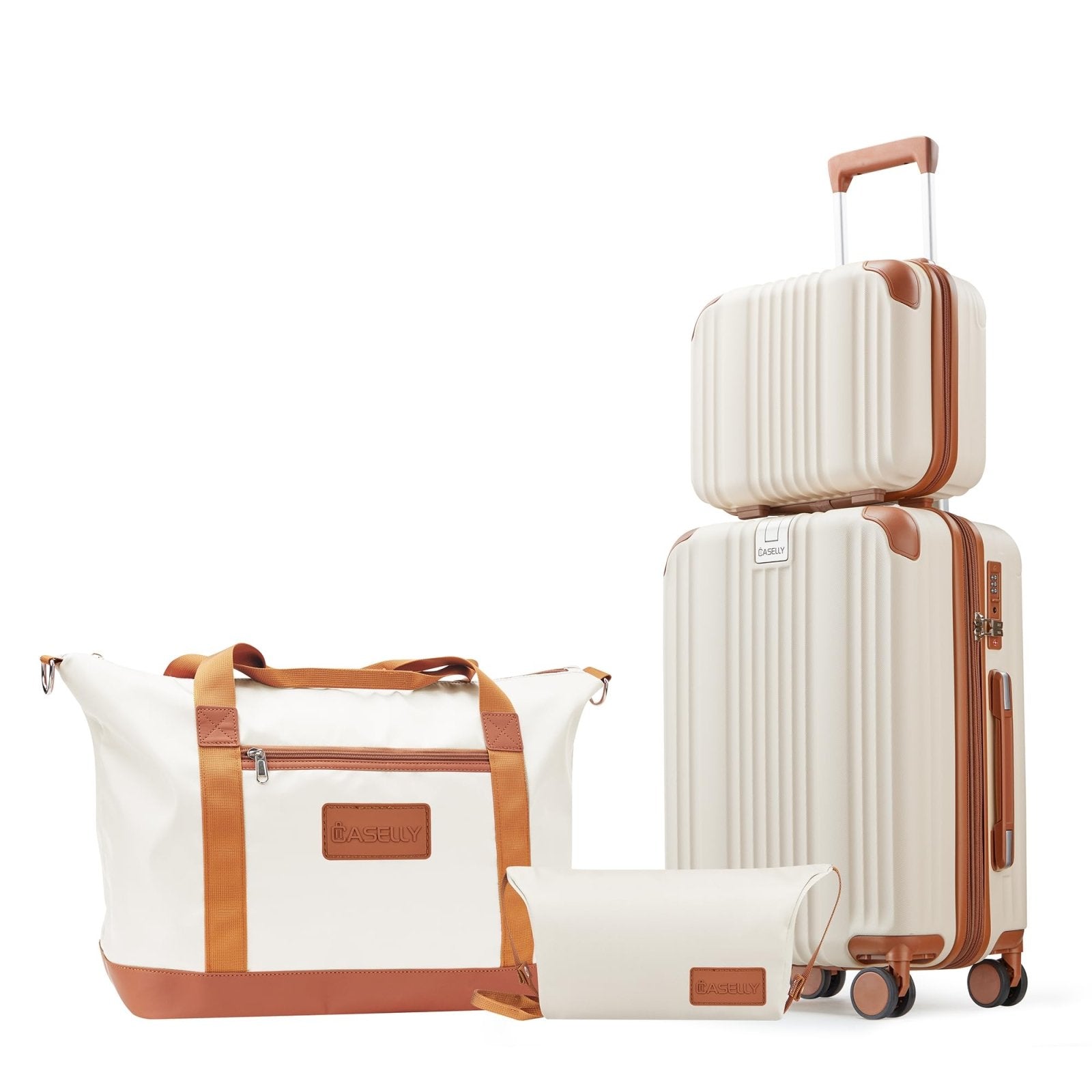 CASELLY Luggage Set 3 Piece Luggage with PC+ABS Hardshell TSA Lock Spinner Wheels Carry on Lightweight Suitcase，YKK Zippers (Beige, 4 piece（14/20/DB/TB）)