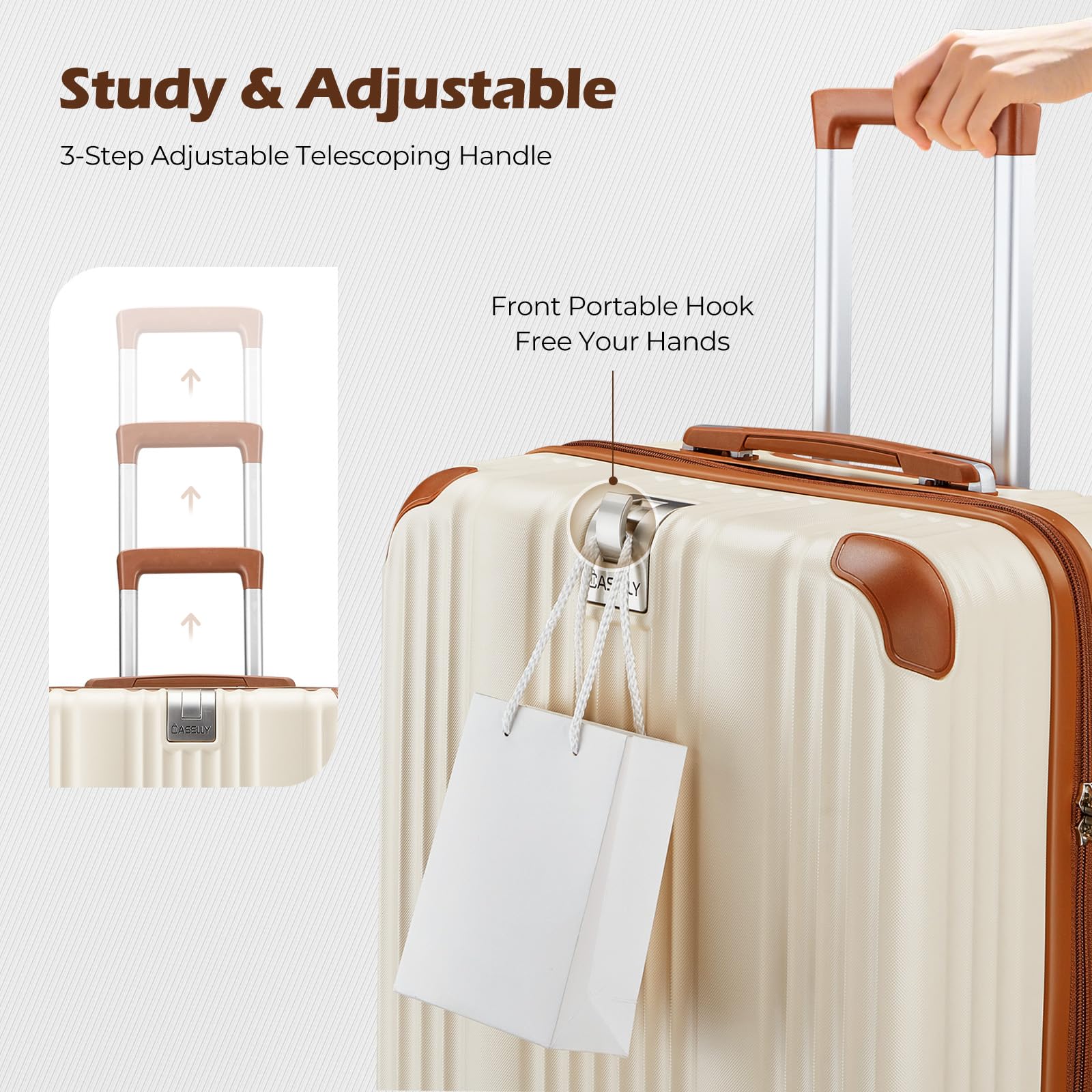 CASELLY Luggage Set 3 Piece Luggage with PC+ABS Hardshell TSA Lock Spinner Wheels Carry on Lightweight Suitcase，YKK Zippers (Beige, 4 piece（14/20/DB/TB）)