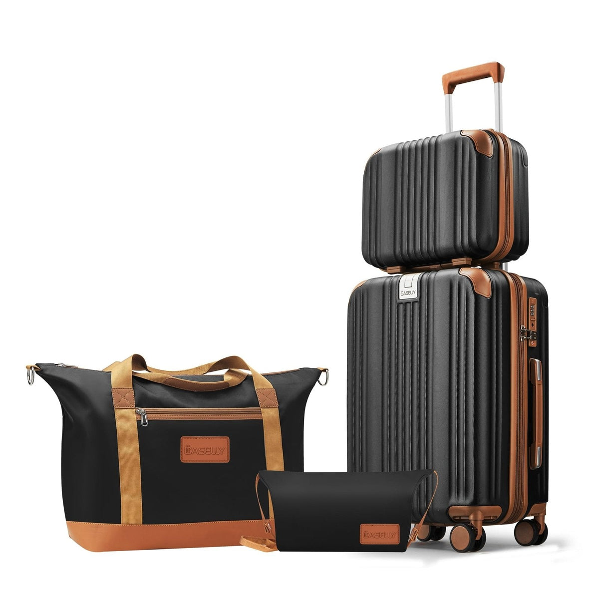 CASELLY Luggage Set 3 Piece Luggage with PC+ABS Hardshell TSA Lock Spinner Wheels Carry on Lightweight Suitcase，YKK Zippers (Black, 4 piece（14/20/DB/TB）)