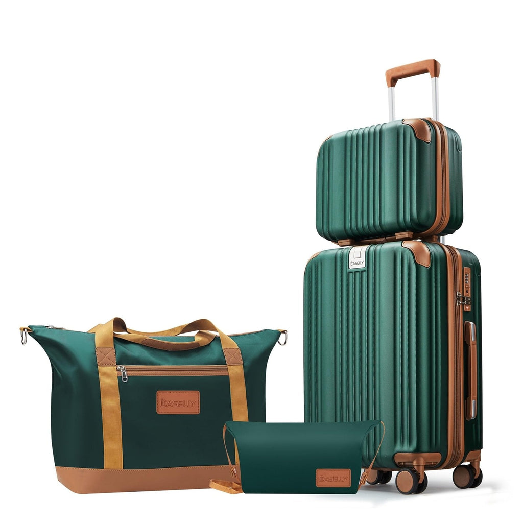 CASELLY Luggage Set 3 Piece Luggage with PC+ABS Hardshell TSA Lock Spinner Wheels Carry on Lightweight Suitcase，YKK Zippers (Dark Green, 4 piece（14/20/DB/TB）)