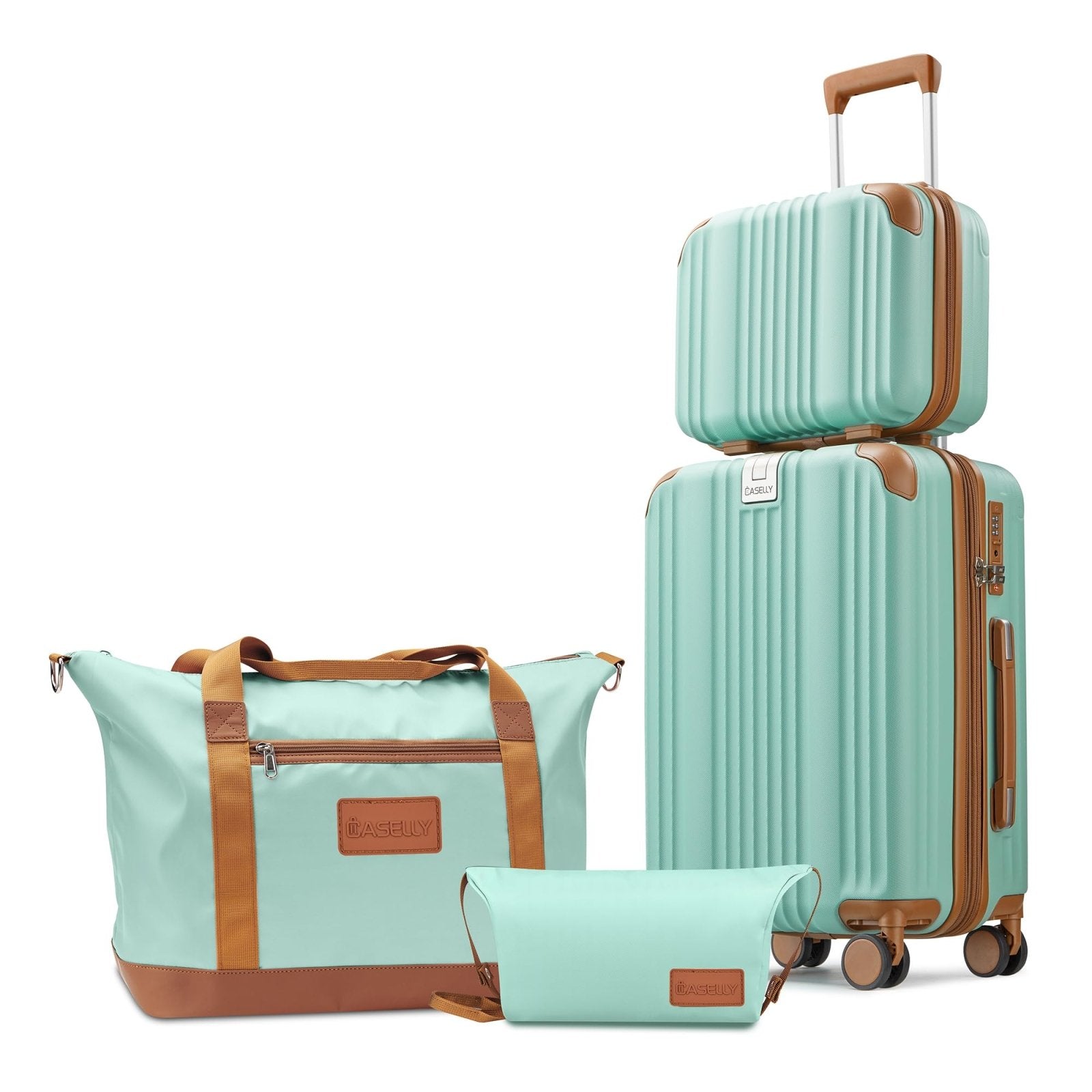 CASELLY Luggage Set 3 Piece Luggage with PC+ABS Hardshell TSA Lock Spinner Wheels Carry on Lightweight Suitcase，YKK Zippers (Green, 4 piece（14/20/DB/TB）)