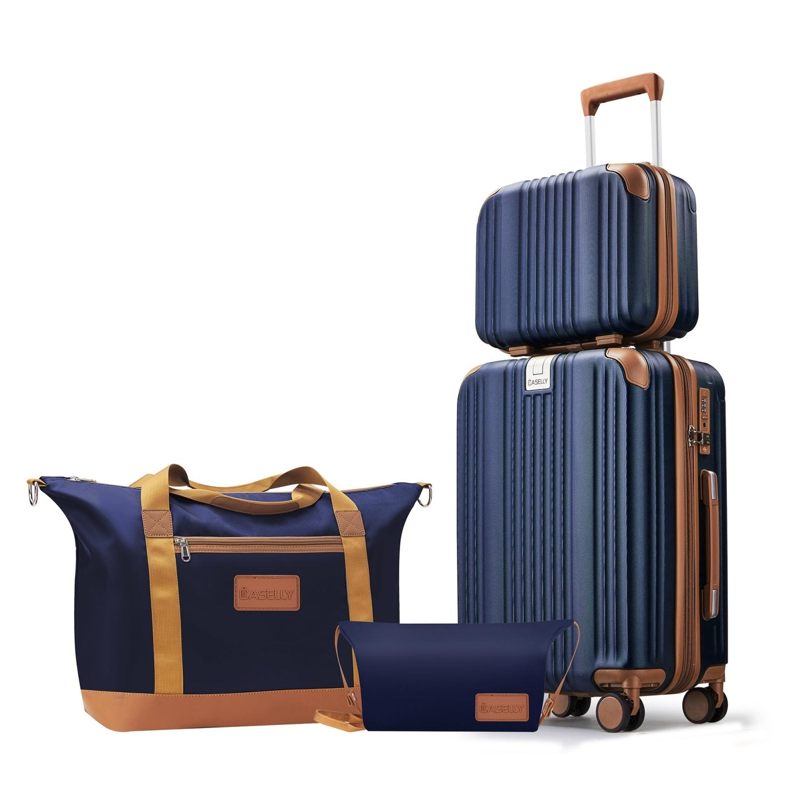 CASELLY Luggage Set 3 Piece Luggage with PC+ABS Hardshell TSA Lock Spinner Wheels Carry on Lightweight Suitcase，YKK Zippers (Navy, 4 piece（14/20/DB/TB）)