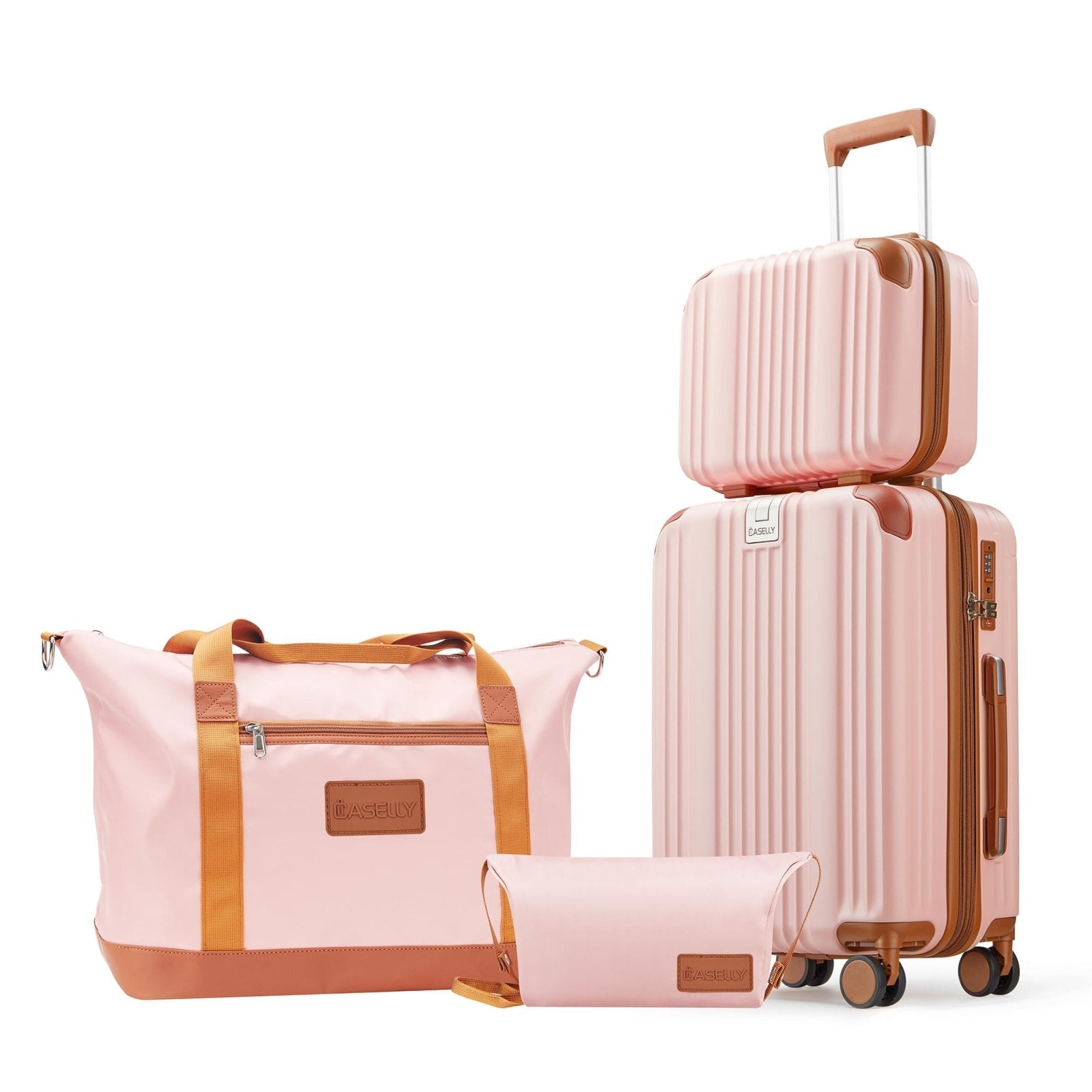 CASELLY Luggage Set 3 Piece Luggage with PC+ABS Hardshell TSA Lock Spinner Wheels Carry on Lightweight Suitcase，YKK Zippers (Pink, 4 piece（14/20/DB/TB）)