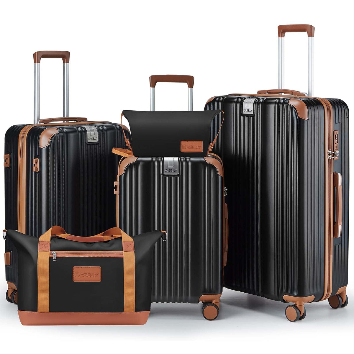 CASELLY Luggage Set 3 Piece with Cup Holder,Hardshell TSA Lock Spinner Wheels Carry on Lightweight Suitcase，Hook and YKK Zippers for Valentine Gifts(Black, 5 piece sets(20/24/28/DB/TB))