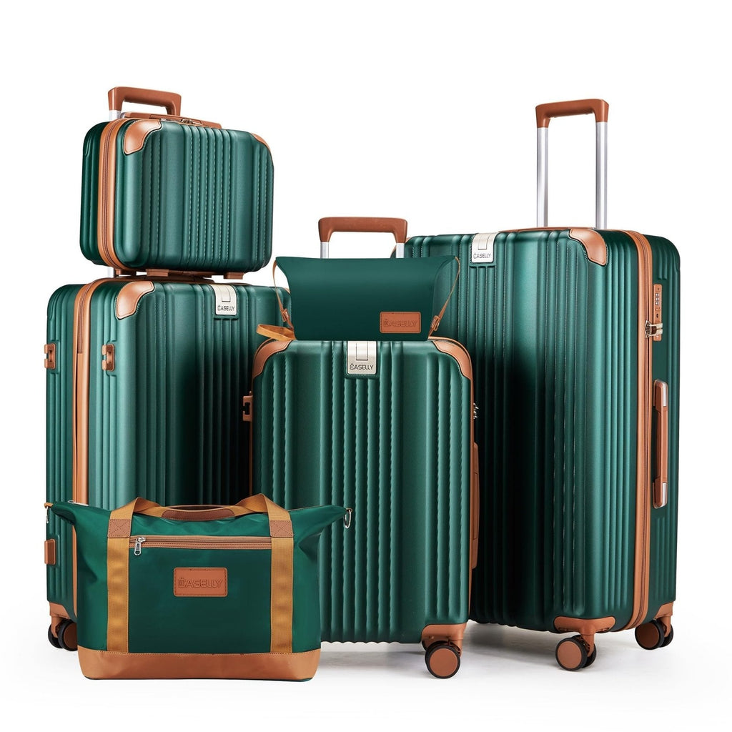 CASELLY Luggage Set 6 Piece with Cup Holder,Hardshell TSA Lock Spinner Wheels Carry on Lightweight Suitcase，Hook and YKK Zippers for Valentine Gifts(Dark Green, 6 piece sets（14/20/24/28/DB/TB）)
