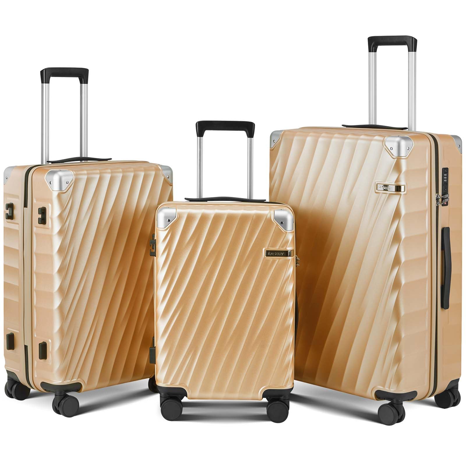 CASELLY Luggage sets 3 piece with Spinner Wheels, PC Hard Shell Travel Luggage, Carry On suitcase with TSA Lock,YKK Zippers,Charcoal Metallic (Gold, 3 Piece Sets(20/24/28))