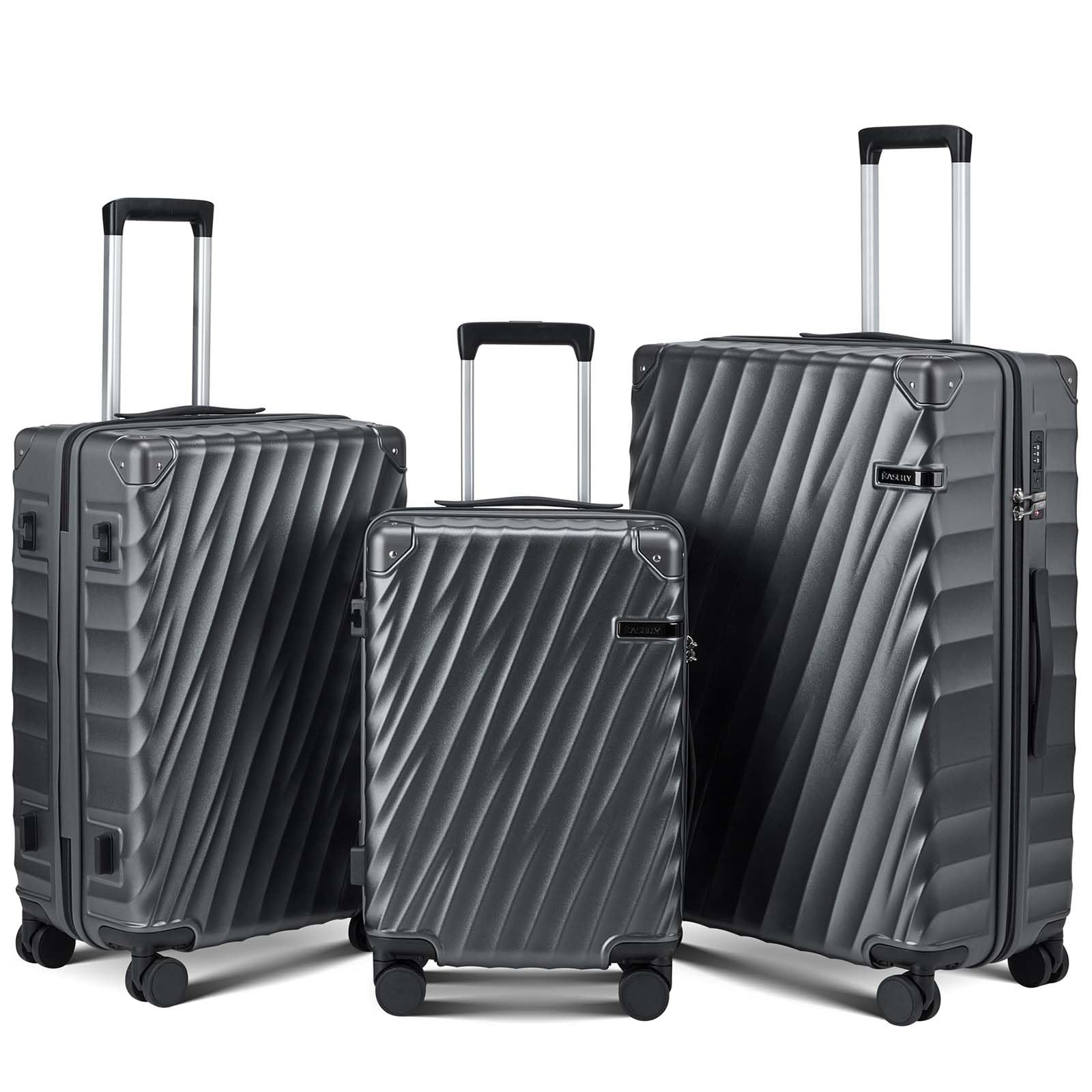 CASELLY Luggage sets 3 piece with Spinner Wheels, PC Hard Shell Travel Luggage, Carry On suitcase with TSA Lock,YKK Zippers,Charcoal Metallic (Gray, 3 Piece Sets(20/24/28))