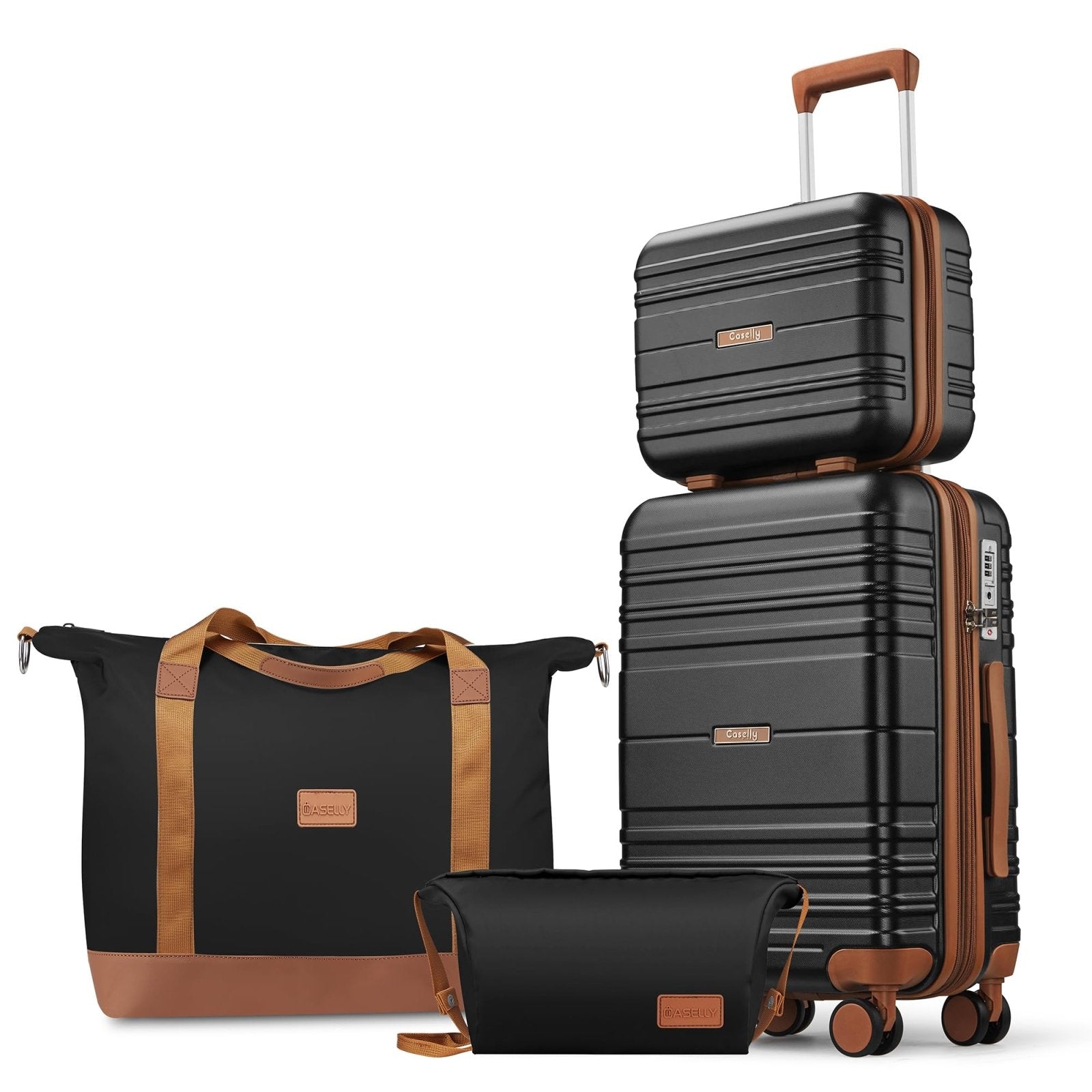 CASELLY Luggage Sets 4 Piece, 20 Inch Expandable Carry On Suitcase with TSA Lock & Spinner Wheels, Lightweight Travel Luggage Sets with YKK Zippers (Black, 4 Piece Sets(14/20/DB/TB))