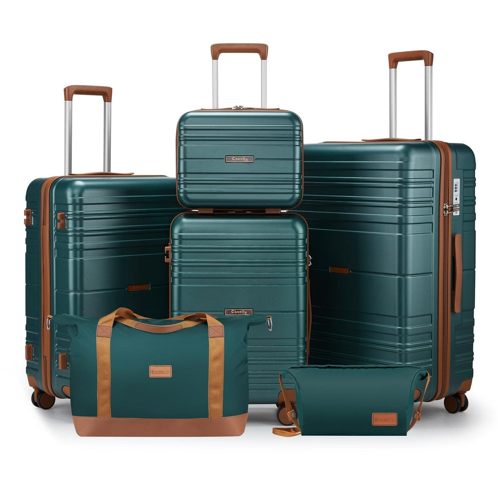 CASELLY Luggage Sets 6 Piece with Spinner Wheels, Lightweight Hardshell Suitcase Set with TSA Lock, Carry On Checked Luggage Set with YKK Zippers (Dark Green, 6 piece sets（14/20/24/28/DB/TB）)